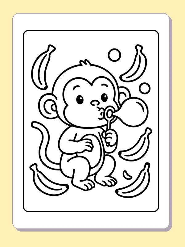 Monkey blowing round bubbles from a wand among banana shapes