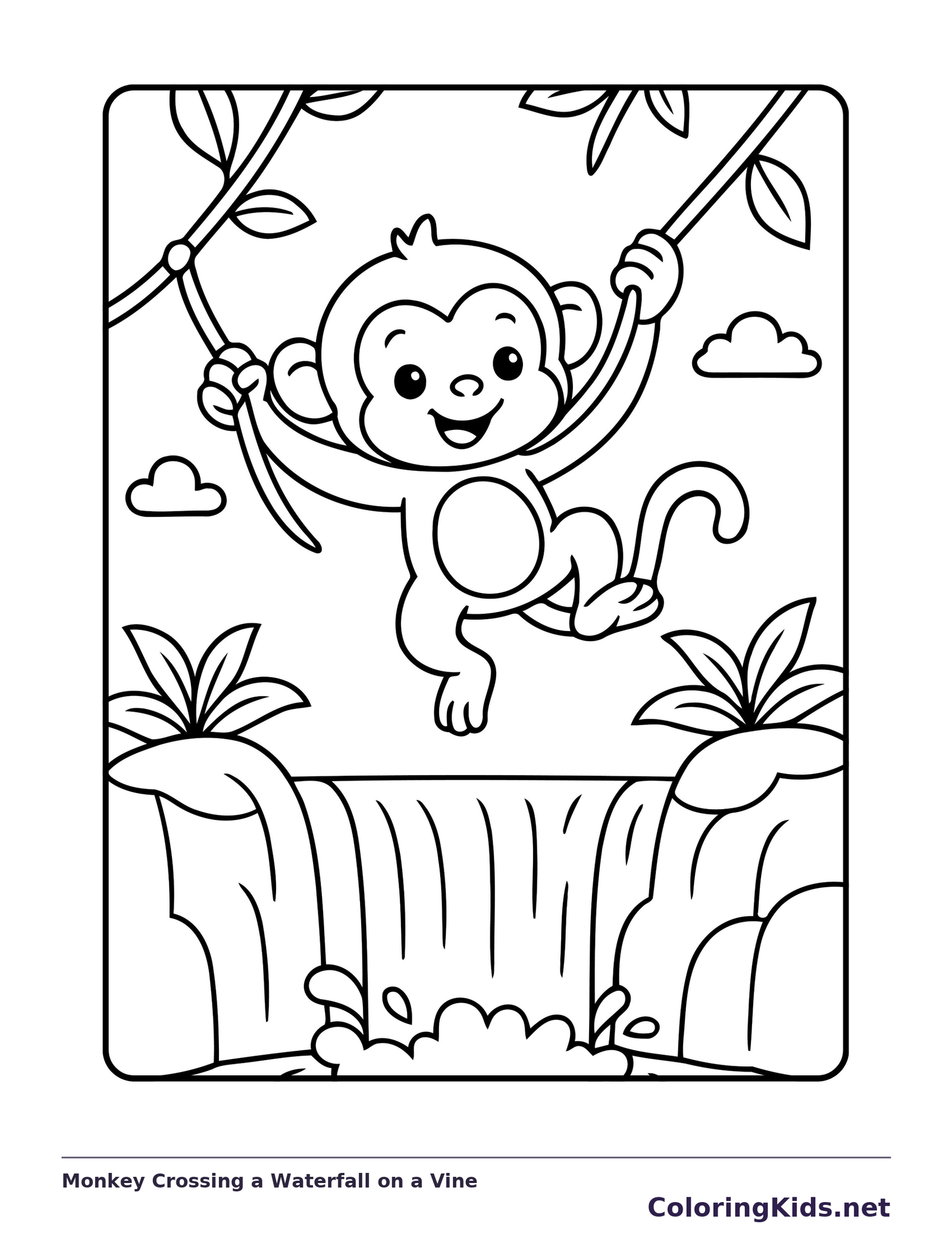 Monkey swinging on two vines across a waterfall