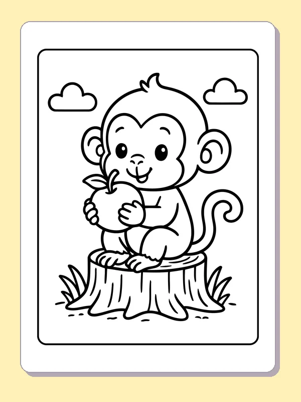 Monkey eating a banana while sitting on a short tree stump