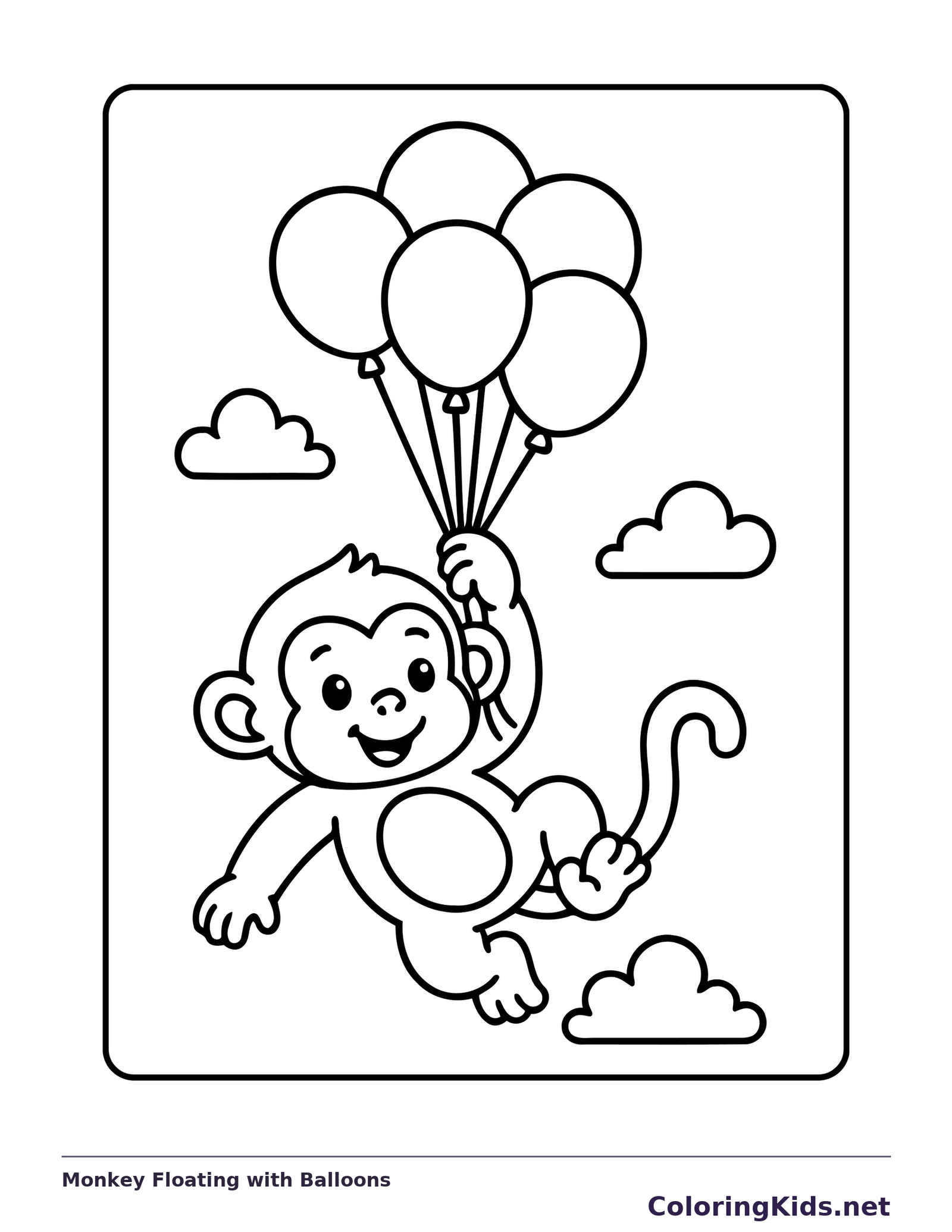 Monkey holding five balloon strings while floating among clouds