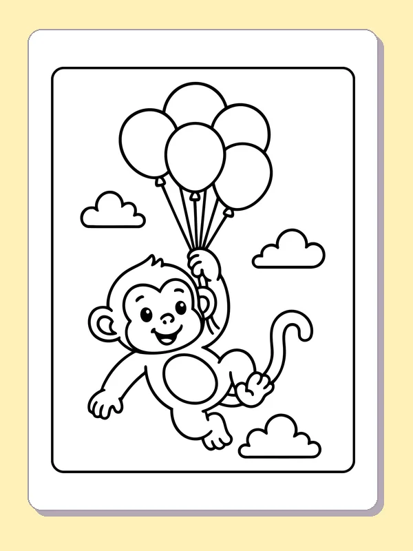 Monkey holding five balloon strings while floating among clouds