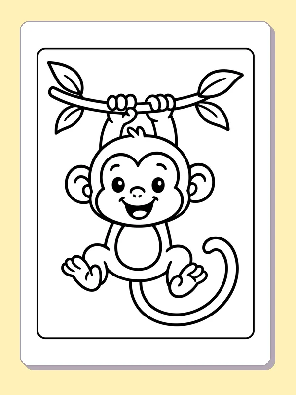 Monkey hanging by both hands from a branch with a curled tail