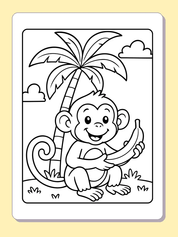 Monkey holding a banana while sitting under a palm tree