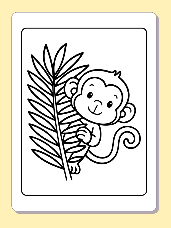 Monkey peeking around a tall palm frond with curled tail visible