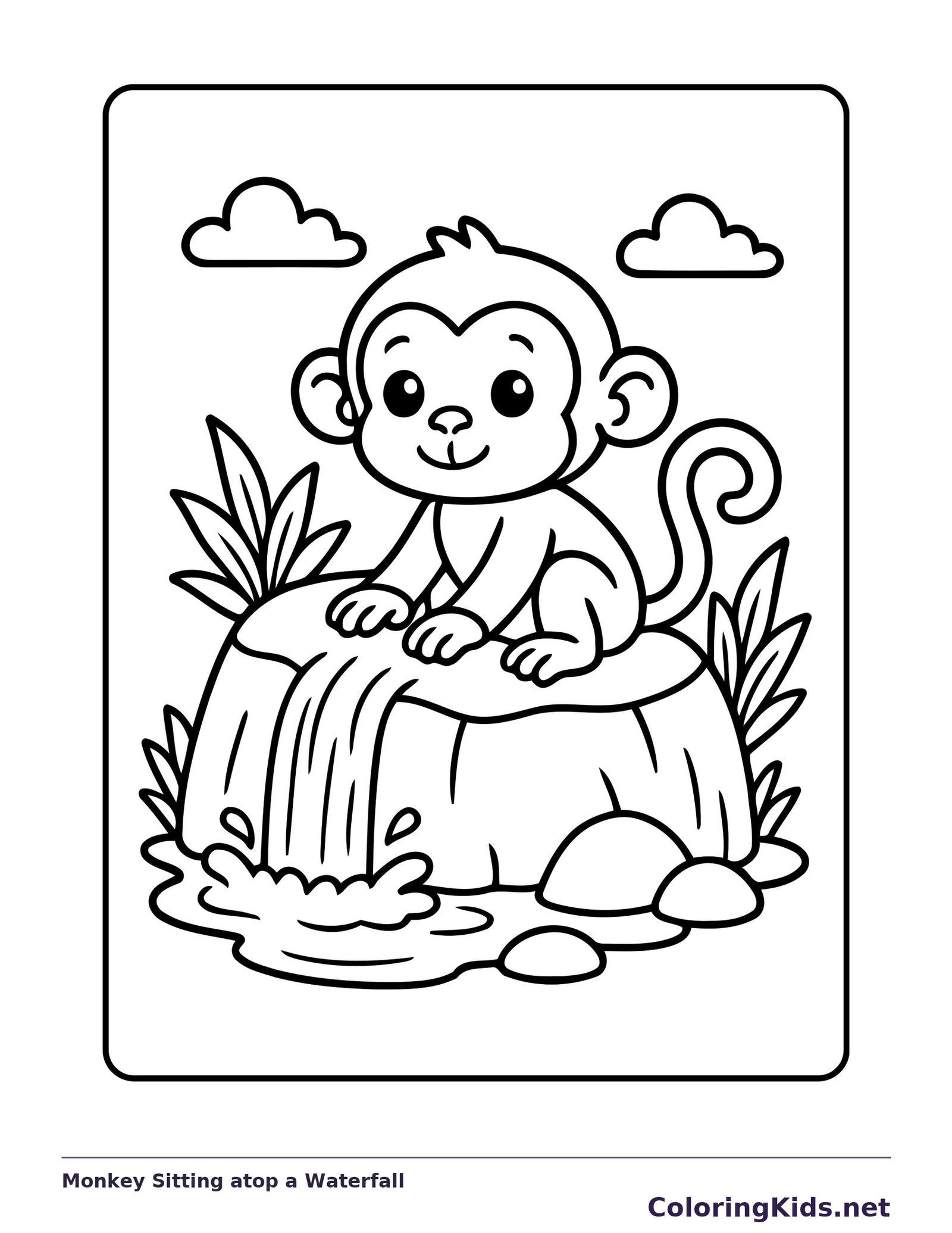 Monkey sitting on top of a small waterfall with stones and plants