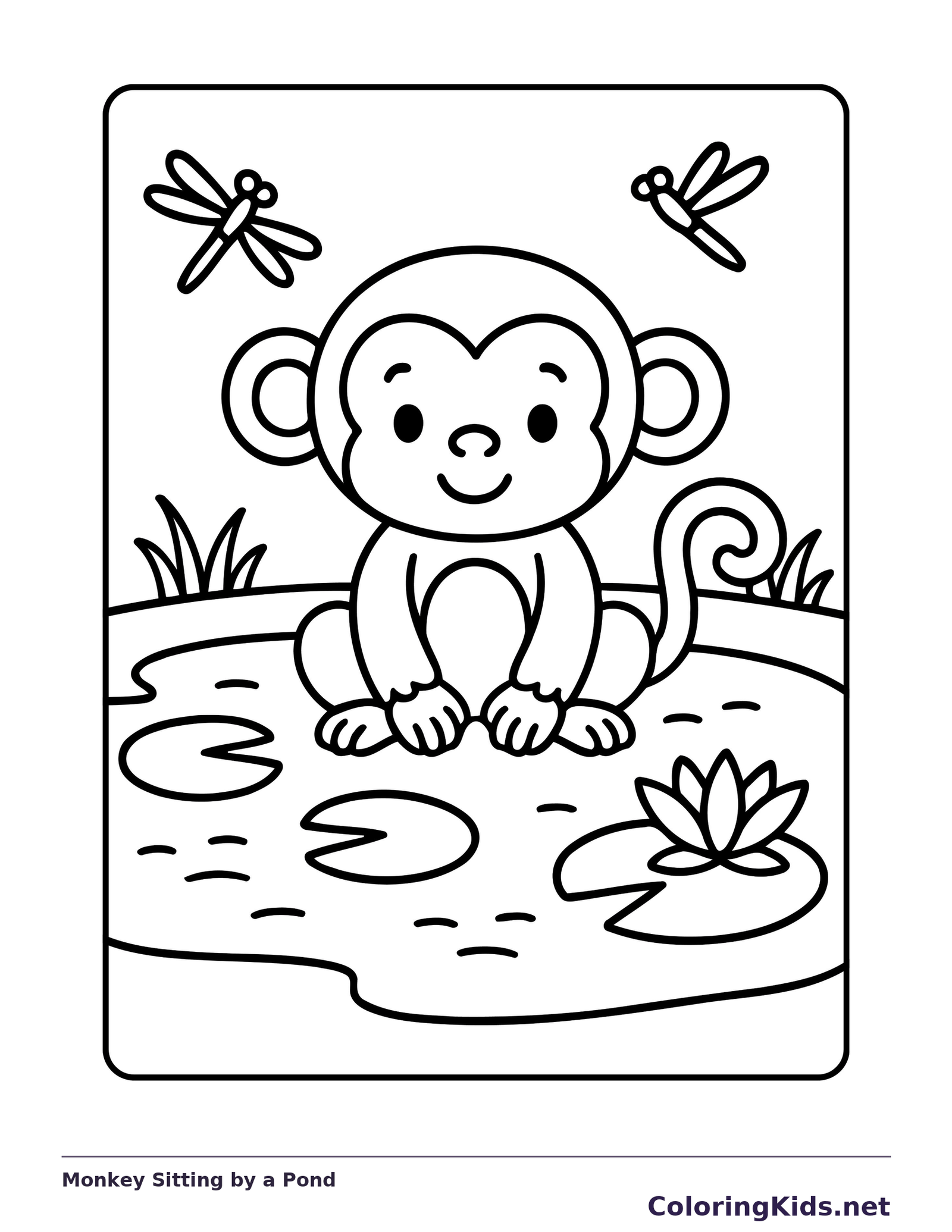 Monkey sitting by a pond with lily pads, ripples and dragonflies