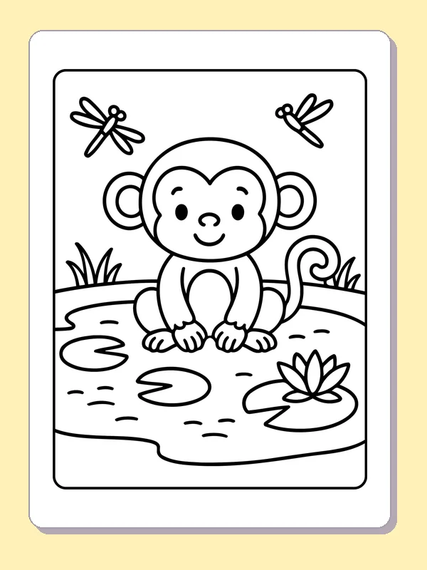Monkey sitting by a pond with lily pads, ripples and dragonflies