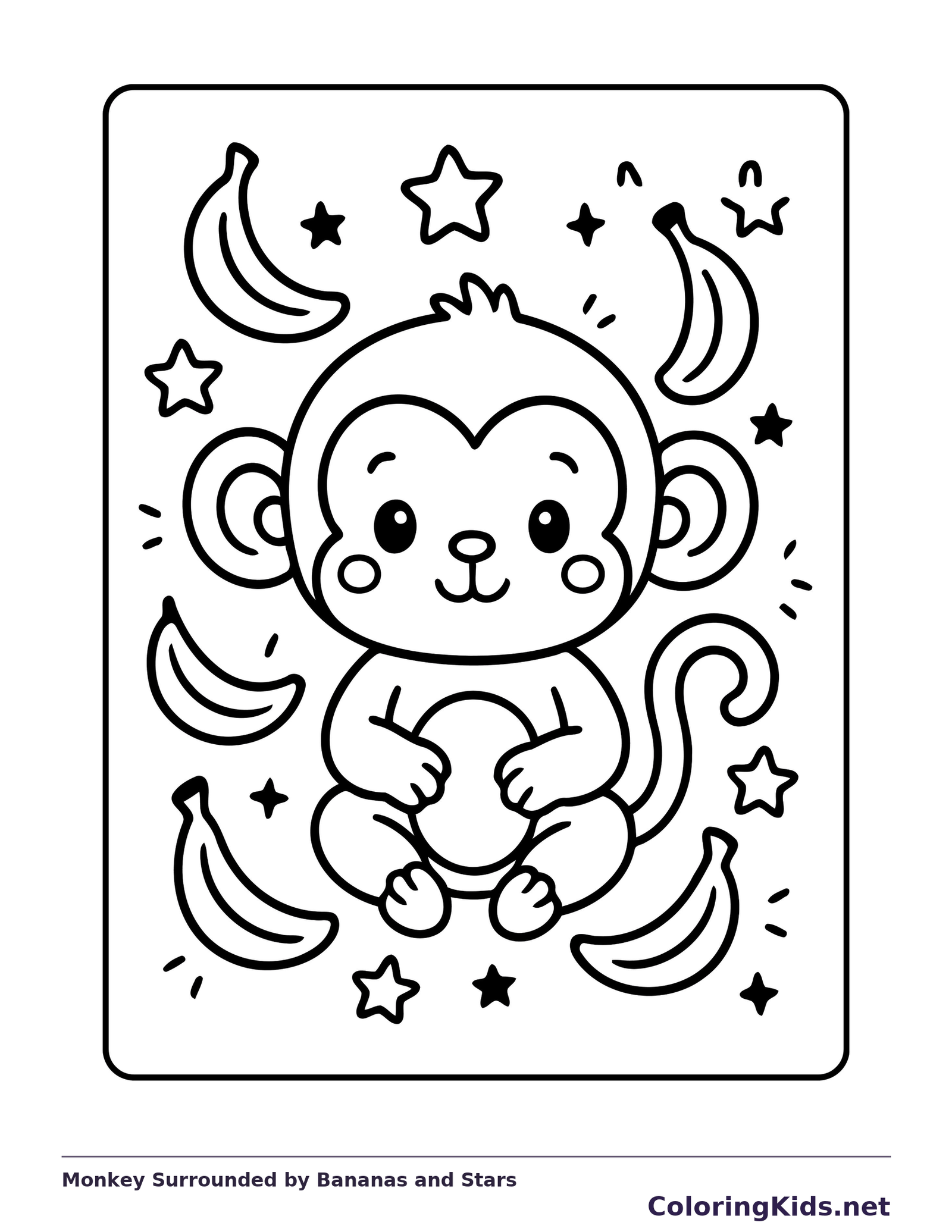 Sitting monkey surrounded by banana shapes and scattered stars
