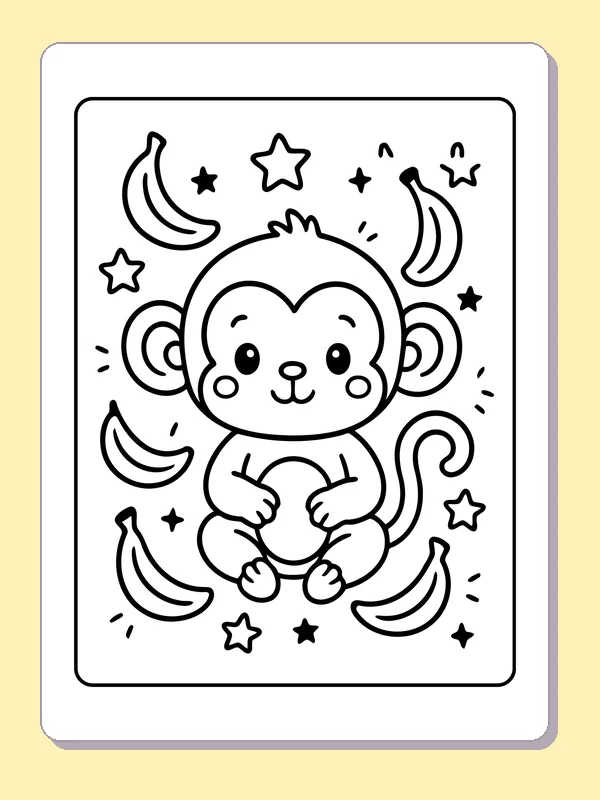 Sitting monkey surrounded by banana shapes and scattered stars