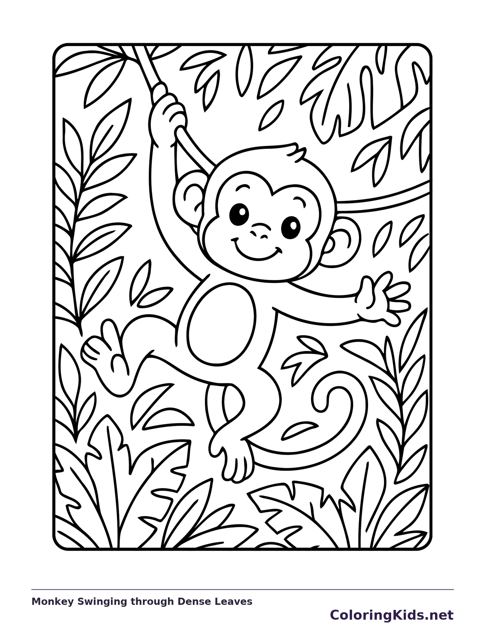 Monkey swinging through a thick field of tropical leaves and vines