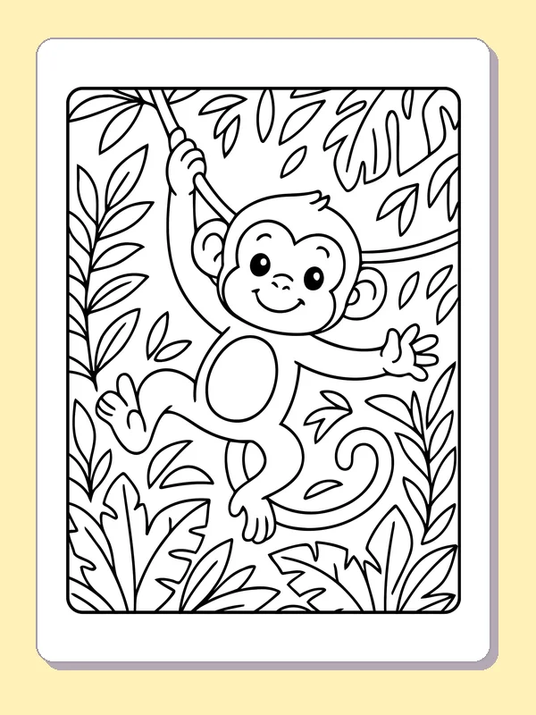 Monkey swinging through a thick field of tropical leaves and vines