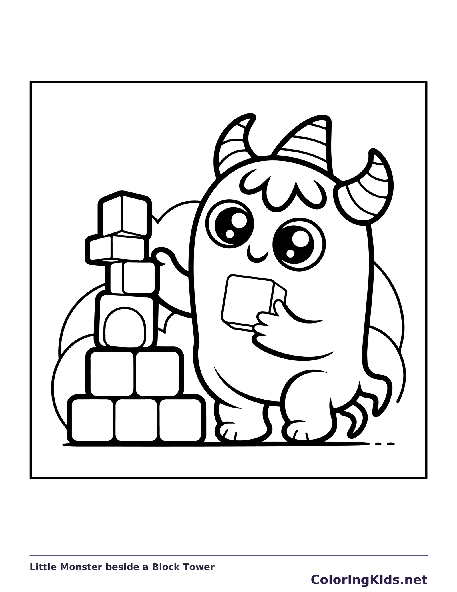 Black-and-white printable little monster beside a block tower coloring sheet