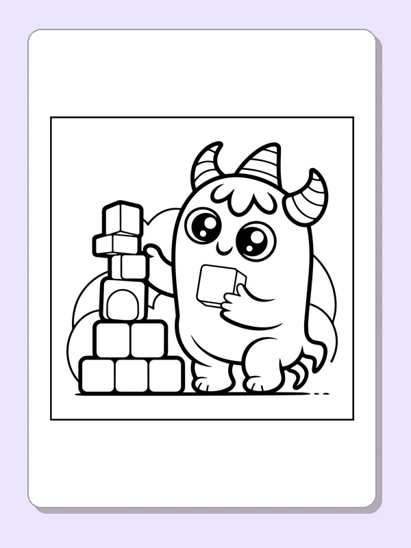 Black-and-white printable little monster beside a block tower coloring sheet