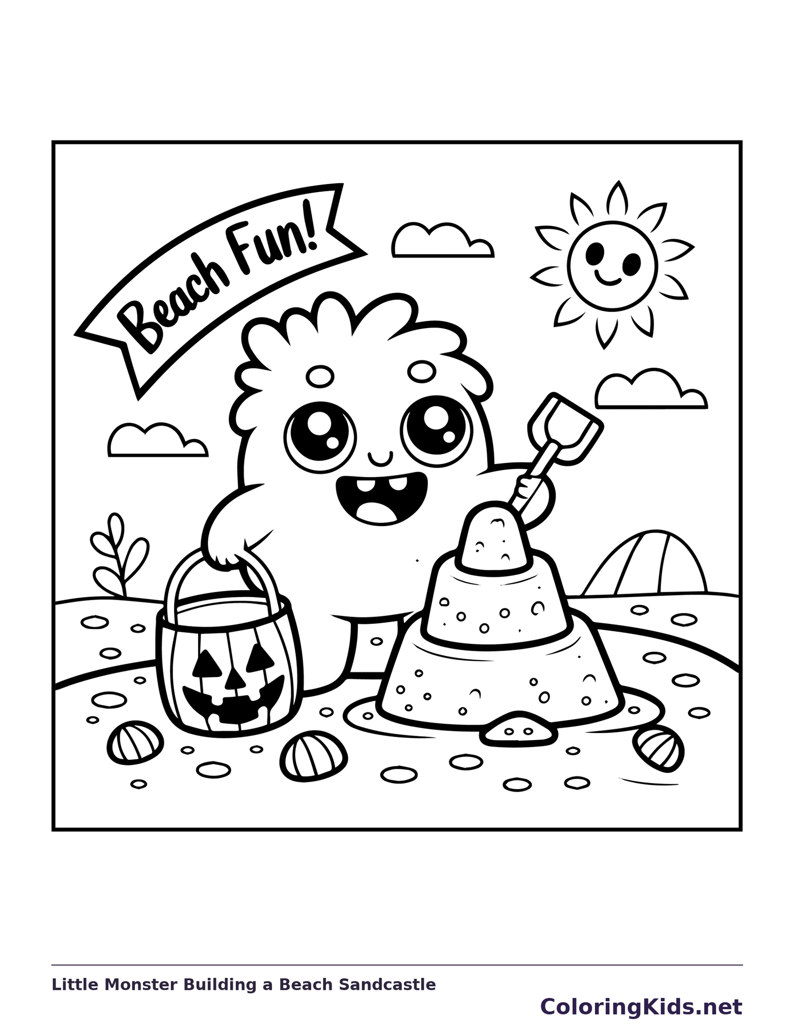 Black-and-white printable little monster building a beach sandcastle coloring sheet