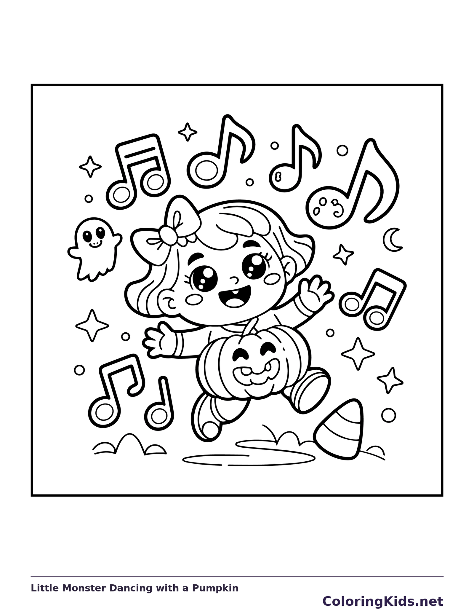 Black-and-white printable little monster dancing with a pumpkin coloring sheet