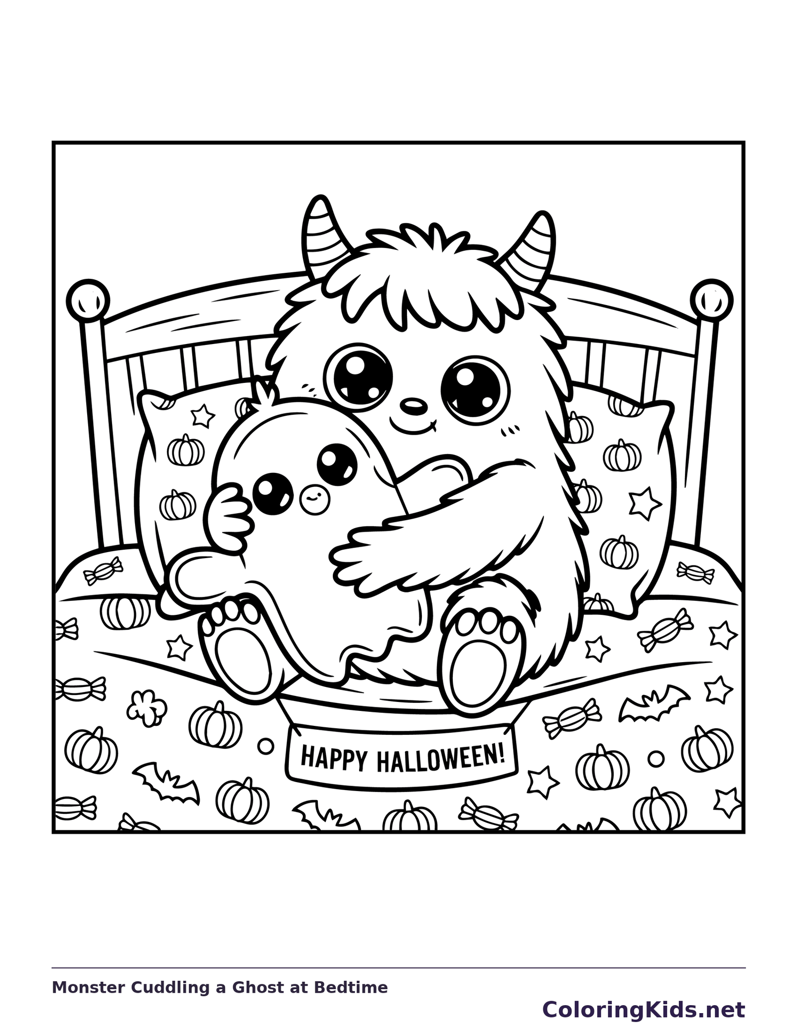 Black-and-white printable monster cuddling a ghost at bedtime coloring sheet