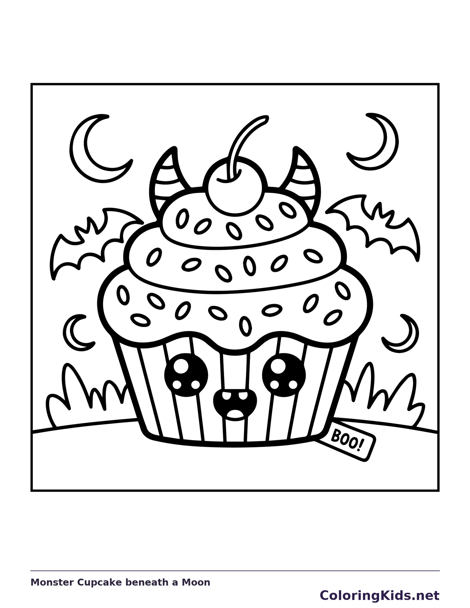 Black-and-white printable monster cupcake beneath a moon coloring sheet
