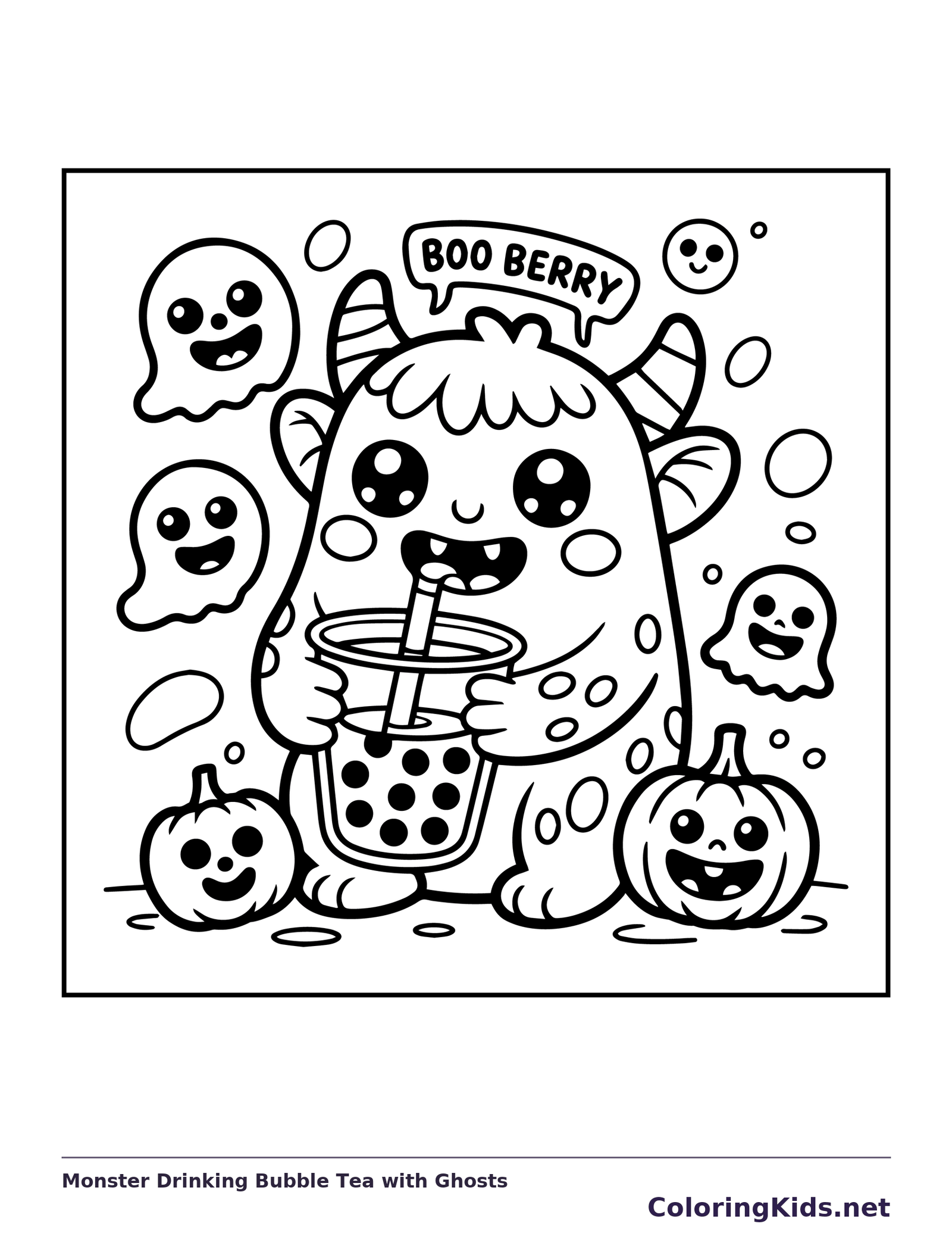 Black-and-white printable monster drinking bubble tea with ghosts coloring sheet