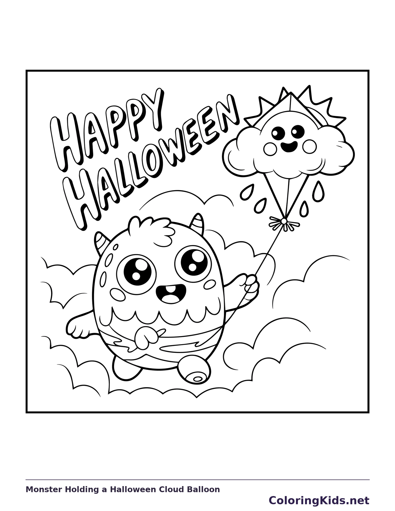 Black-and-white printable monster holding a halloween cloud balloon coloring sheet