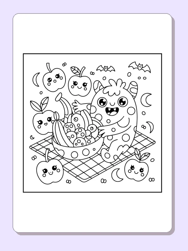 Black-and-white printable monster sharing a halloween picnic coloring sheet