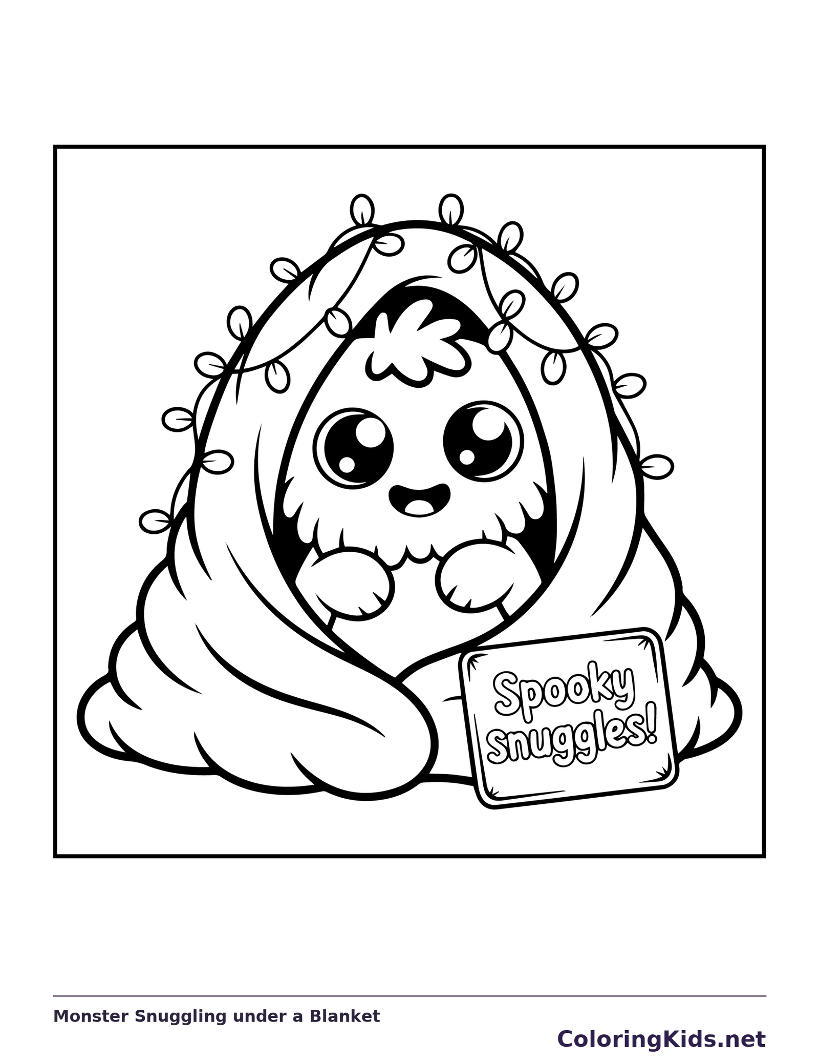 Black-and-white printable monster snuggling under a blanket coloring sheet