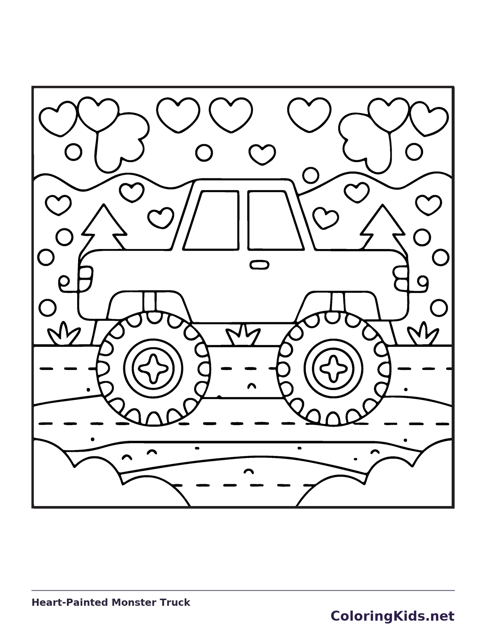 Black and white printable heart-painted monster truck coloring sheet