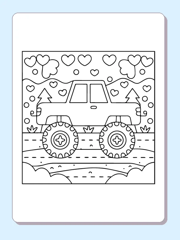Black and white printable heart-painted monster truck coloring sheet