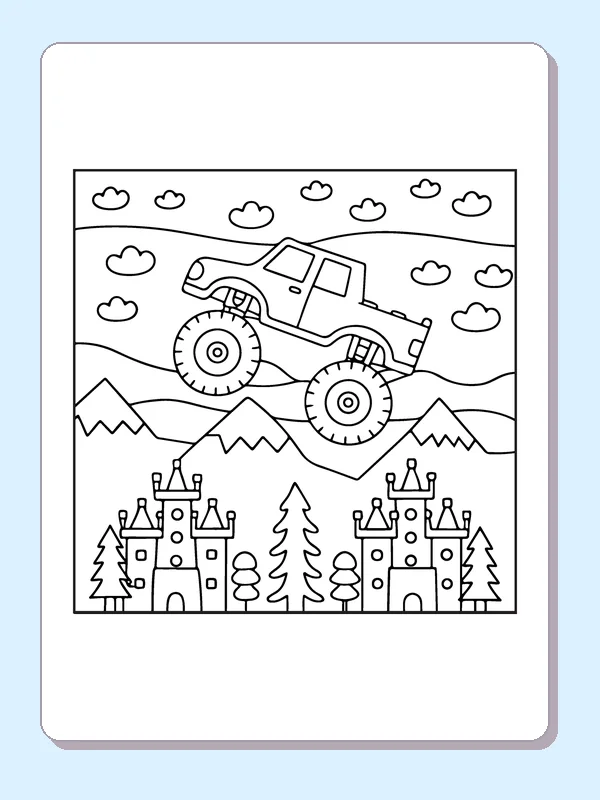 Black and white printable monster truck above two castles coloring sheet