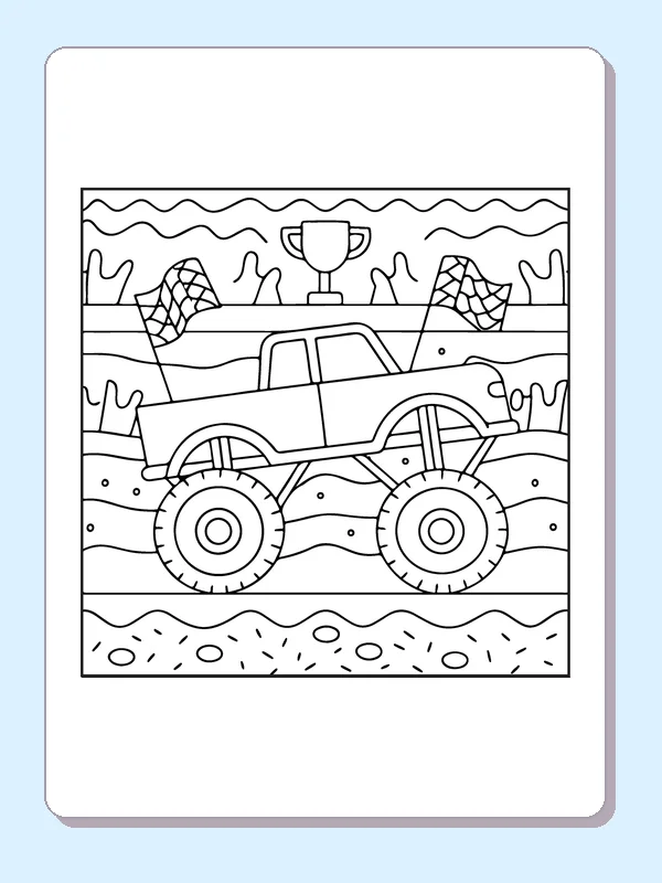 Black and white printable monster truck at the finish line coloring sheet