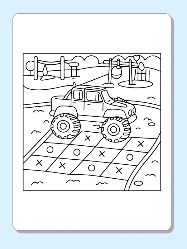 Black and white printable monster truck at the playground coloring sheet