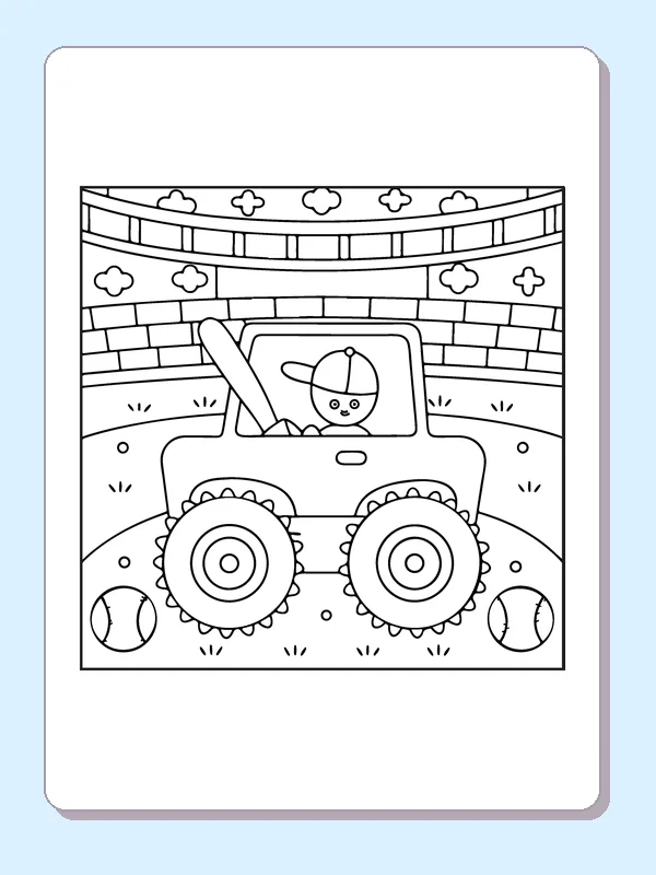 Black and white printable monster truck beside a basketball hoop coloring sheet