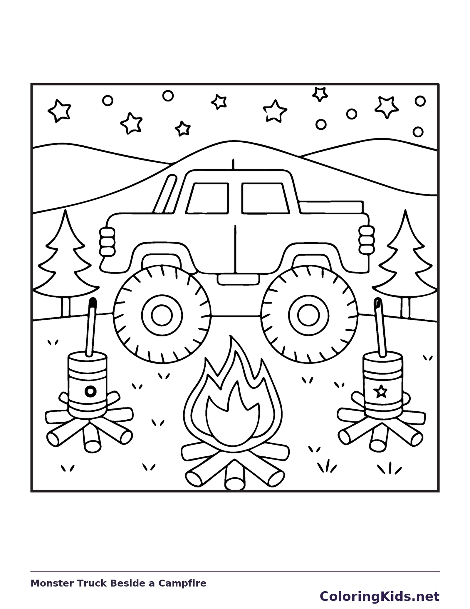 Black and white printable monster truck beside a campfire coloring sheet