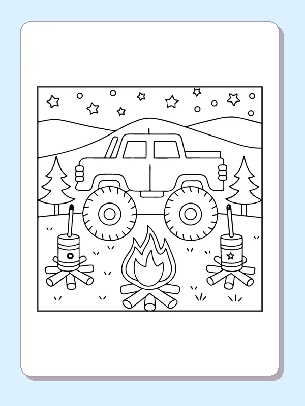 Black and white printable monster truck beside a campfire coloring sheet