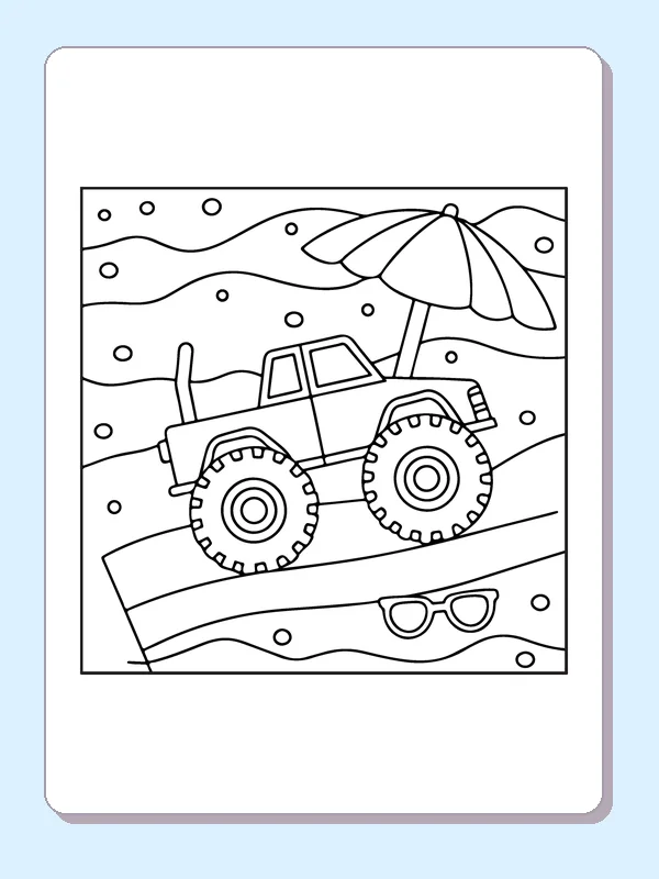 Black and white printable monster truck by a beach umbrella coloring sheet
