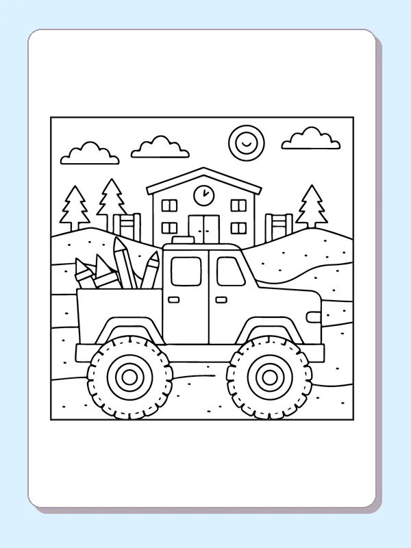 Black and white printable monster truck by the school coloring sheet