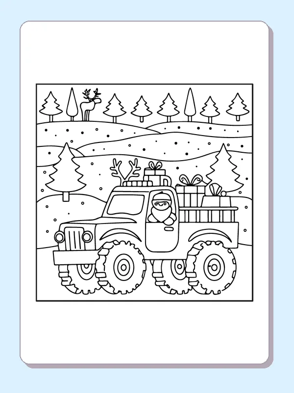 Black and white printable monster truck carrying winter presents coloring sheet