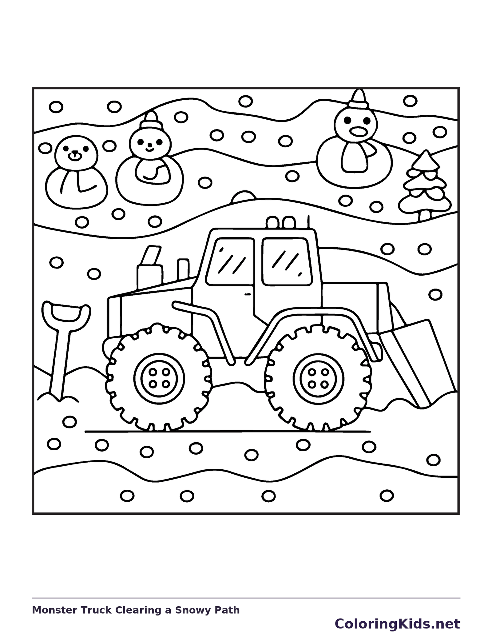 Black and white printable monster truck clearing a snowy path coloring sheet