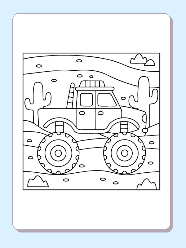 Black and white printable monster truck crossing a desert coloring sheet