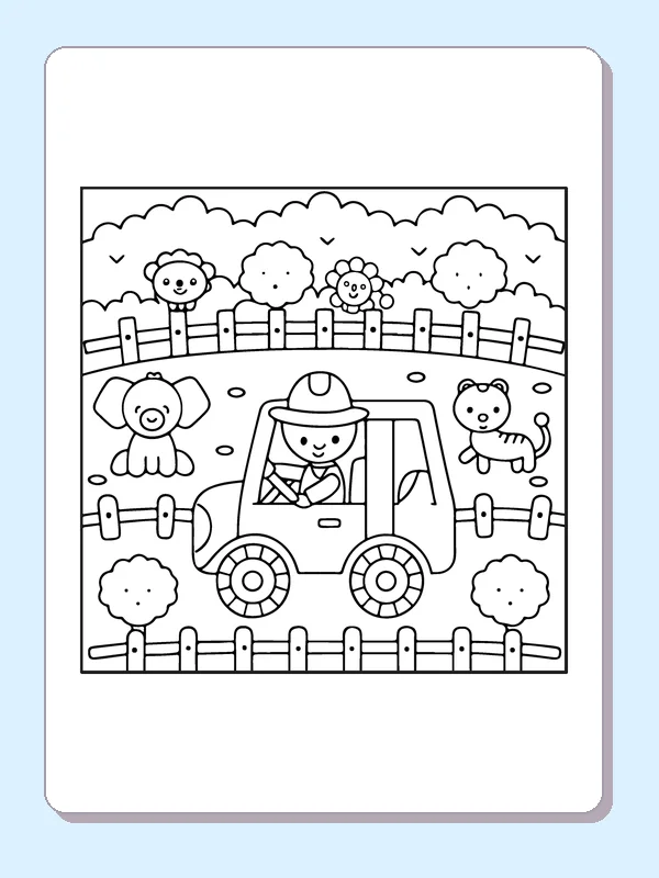 Black and white printable monster truck driving by a farm coloring sheet
