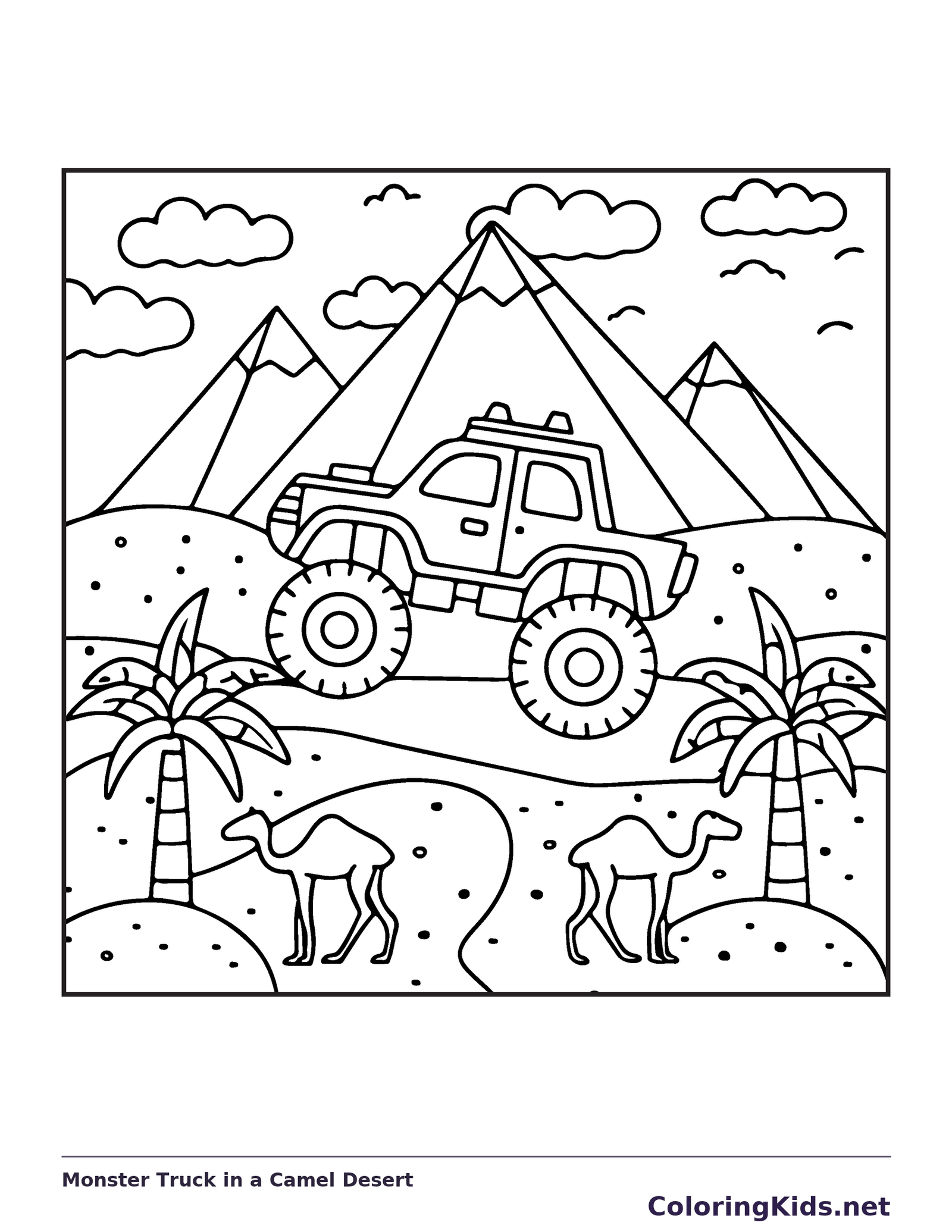 Black and white printable monster truck in a camel desert coloring sheet