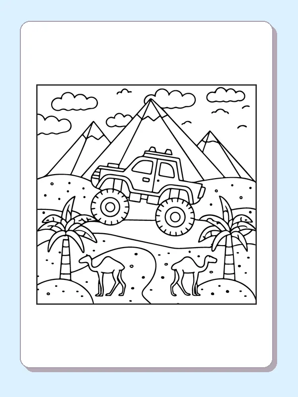 Black and white printable monster truck in a camel desert coloring sheet