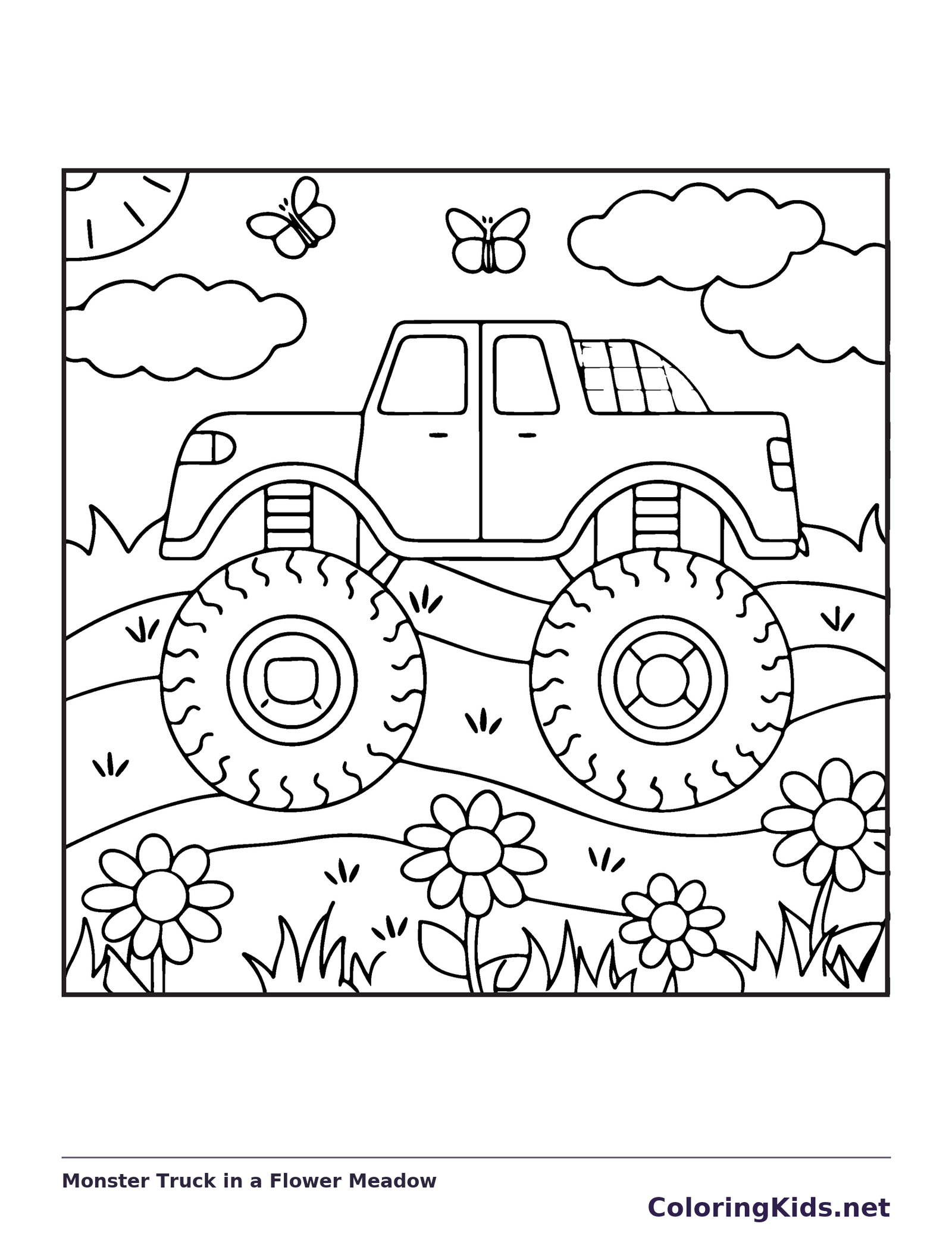 Black and white printable monster truck in a flower meadow coloring sheet