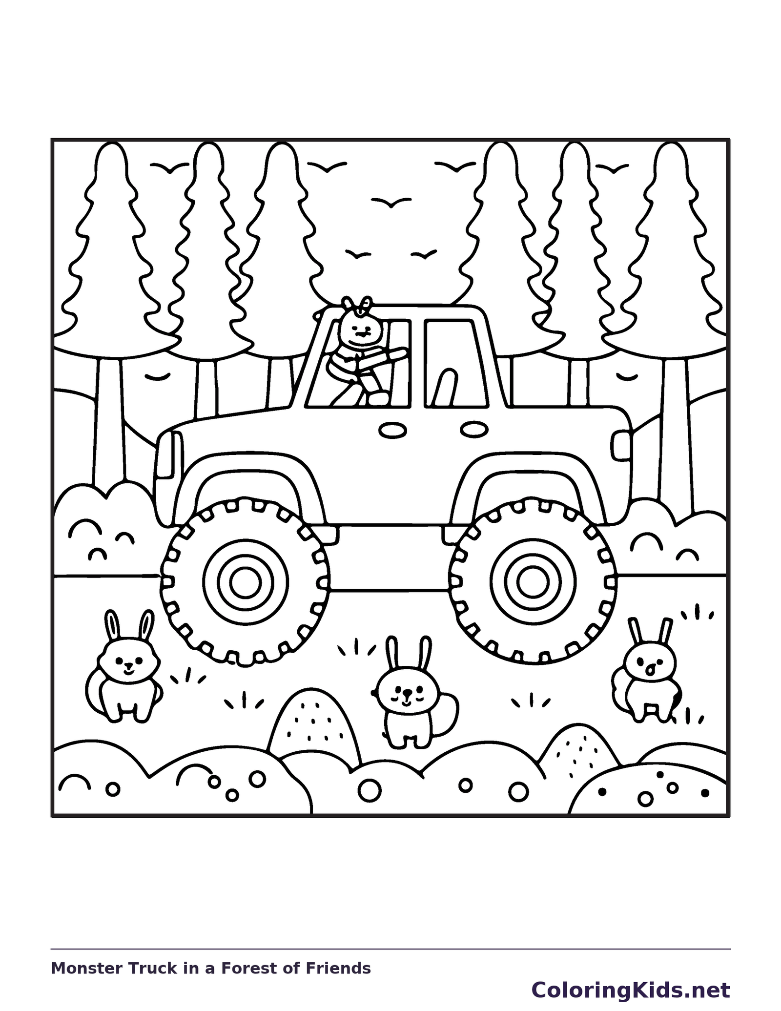 Black and white printable monster truck in a forest of friends coloring sheet