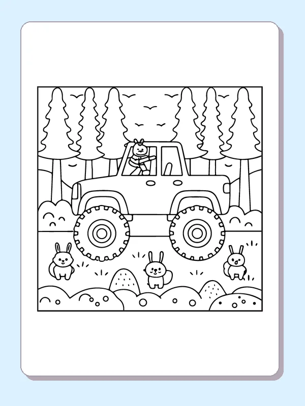 Black and white printable monster truck in a forest of friends coloring sheet