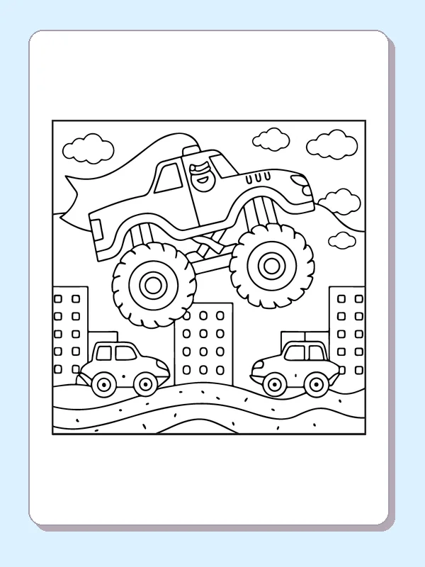 Black and white printable monster truck jumping over city cars coloring sheet