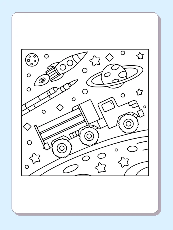 Black and white printable monster truck launching toward space coloring sheet