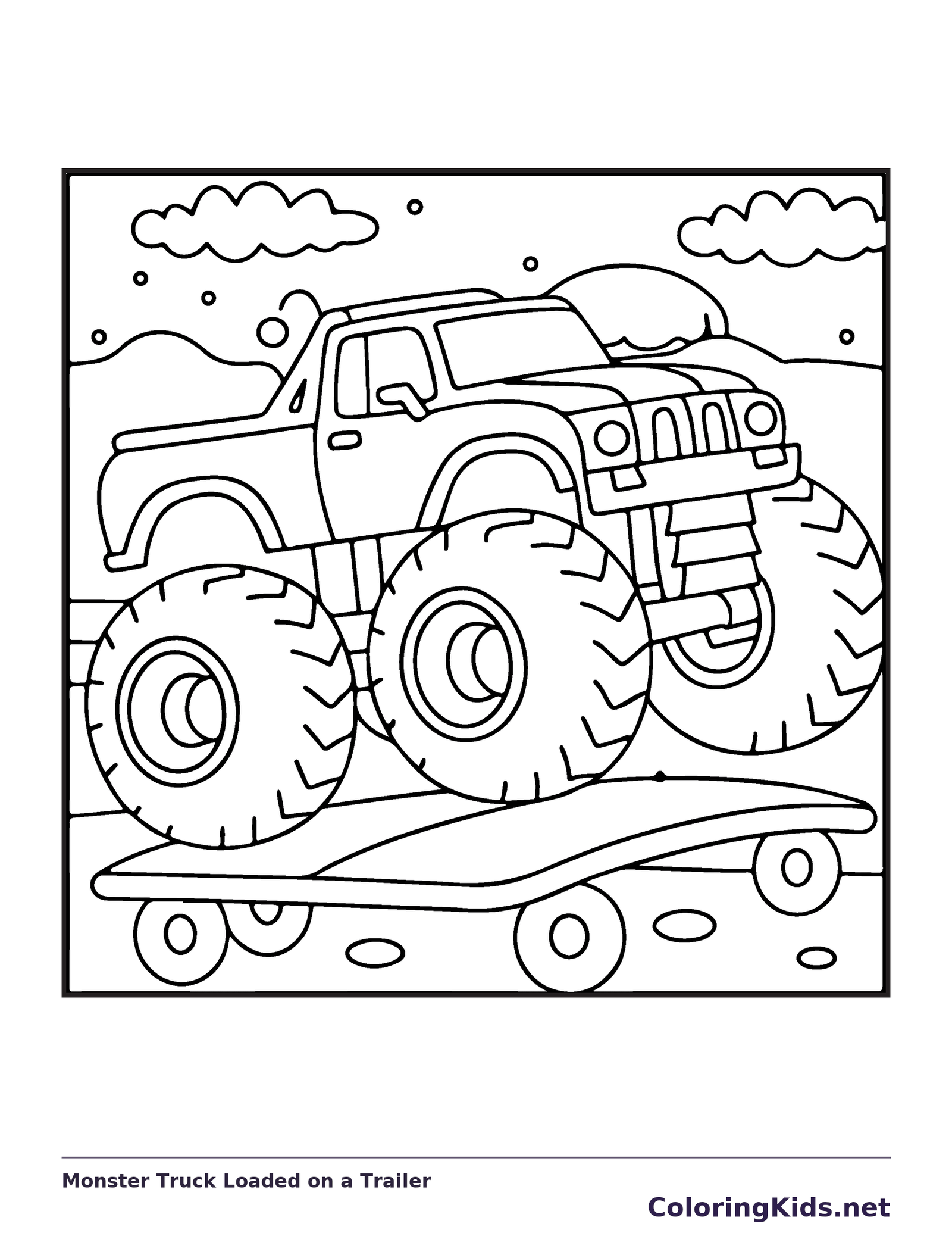Black and white printable monster truck loaded on a trailer coloring sheet