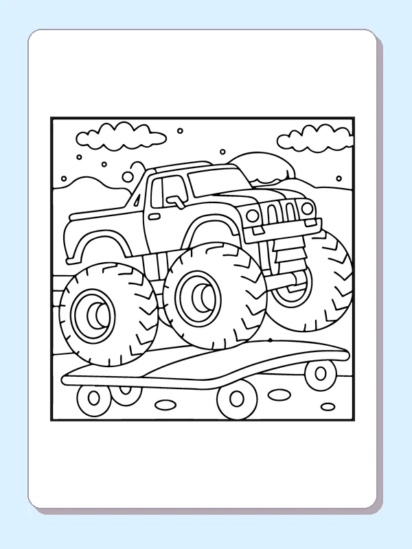 Black and white printable monster truck loaded on a trailer coloring sheet