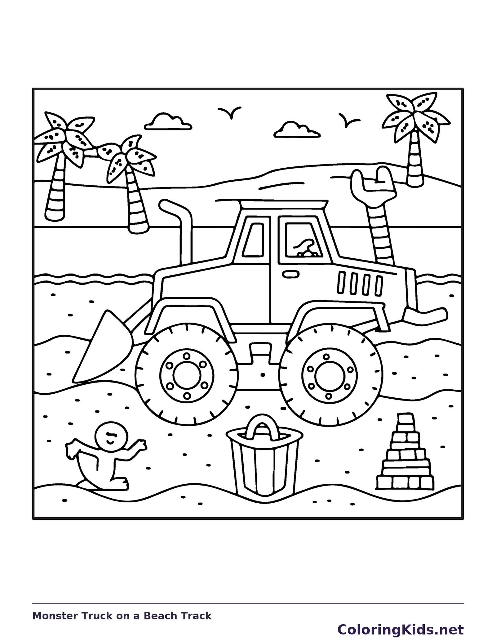 Black and white printable monster truck on a beach track coloring sheet