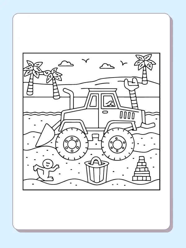 Black and white printable monster truck on a beach track coloring sheet
